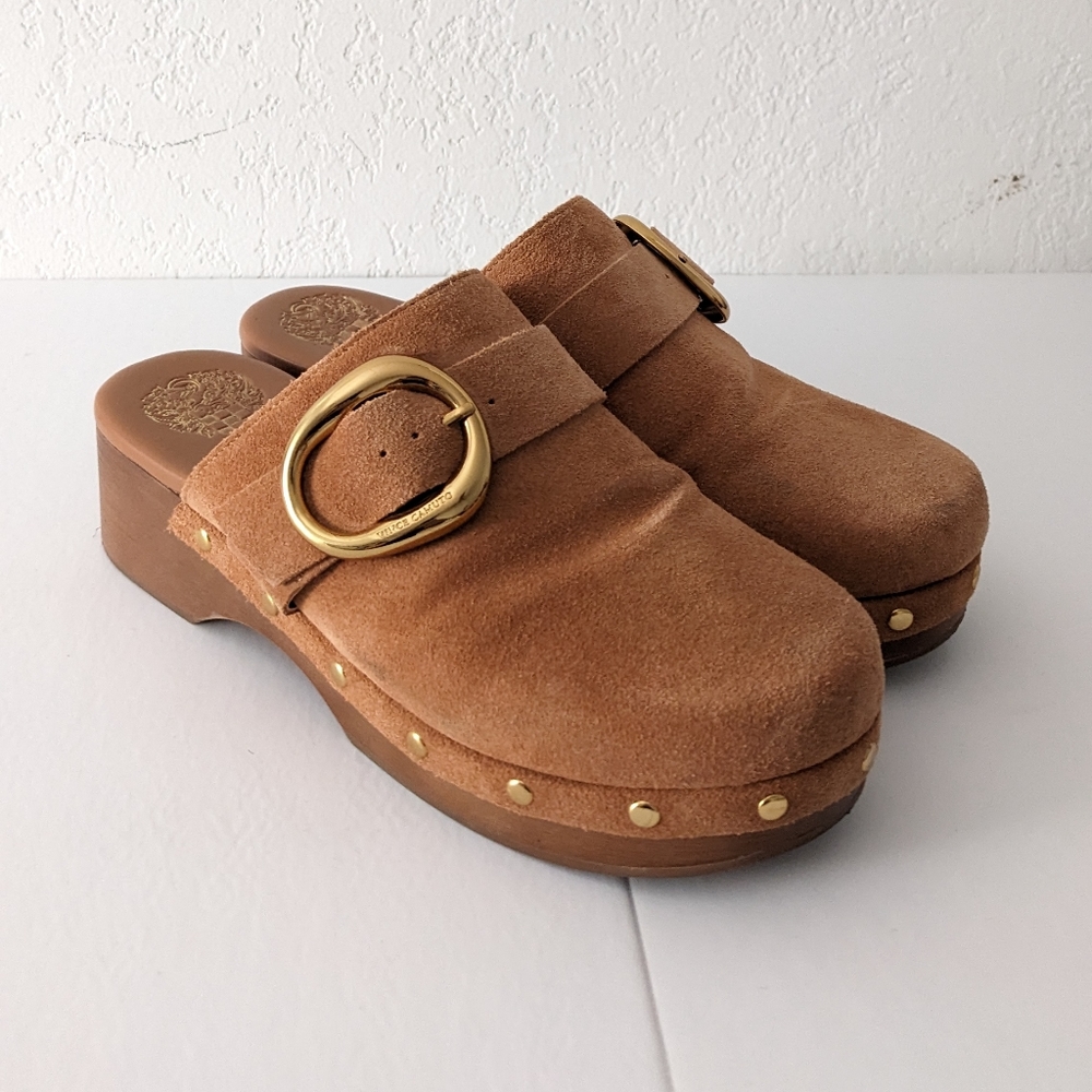 Vince Camuto Verona Cognac Suede Buckle Clogs